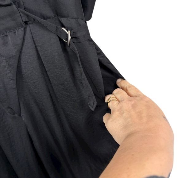 BEBE Black Satin Utility Jumpsuit Sz S Mock Neck Zip Tapered Leg Belted Y2K Goth - Picture 13 of 15